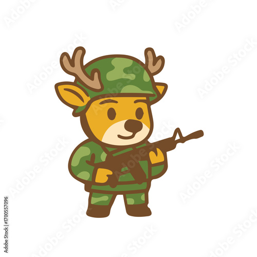 Cartoon Deer Soldier with Helmet and Rifle