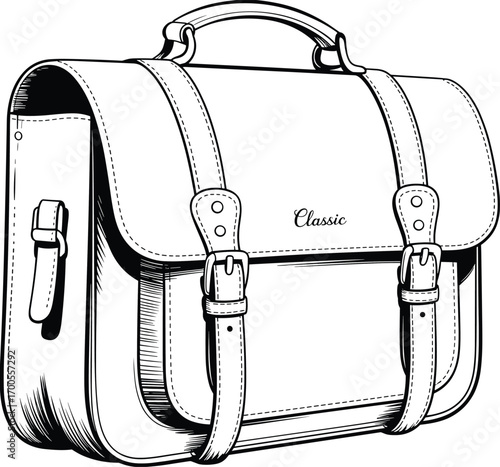 Classic Leather Satchel Bag CAD Drawing, Buckle Strap Handbag, Vintage Style Technical Flat Sketch, Vector Fashion Illustration for Accessories Designers