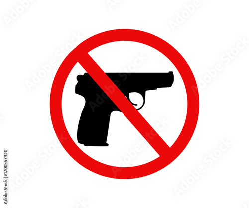 No guns allowed symbol icon. Prohibition sign indicating no firearms or guns in red circle, safety and security warning symbol vector design and illustration.
