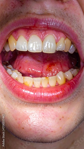 Close-up view of an open mouth displaying a range of teeth colors and some discoloration, along with a slightly inflamed or irritated oral cavity.
