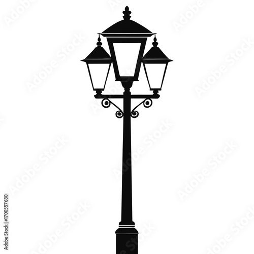 Silhouette of a Classic ThreeLight Lamppost with Ornate Details and Traditional Design
