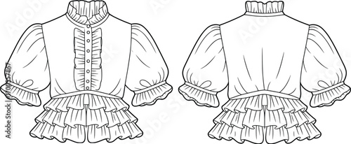 Tiered Ruffle Victorian Blouse, Front and Back View, Short Puff Sleeve Top, CAD Fashion Drawing for Women's Apparel Design and Flat Sketch