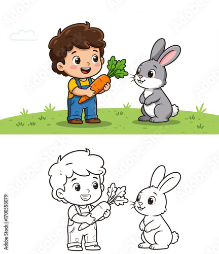 Boy holding a carrot and smiling at a rabbit in a green field – Concept of coloring page for kids with sample convenient for left-handers