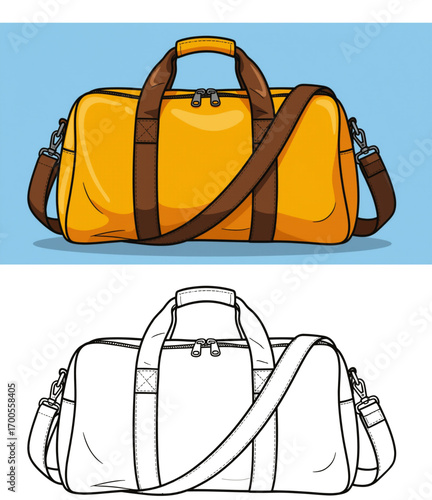 Yellow duffel bag with brown straps on blue background and outline  convenient for left-handers