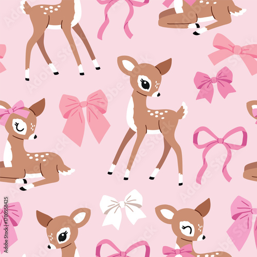 Seamless vector pattern with vintage deer and bows. Hand drawn cute fawn pattern. Perfect for textile, wallpaper or nursery print design. EPS10 vector file. Editable illustration on isolated backgroun