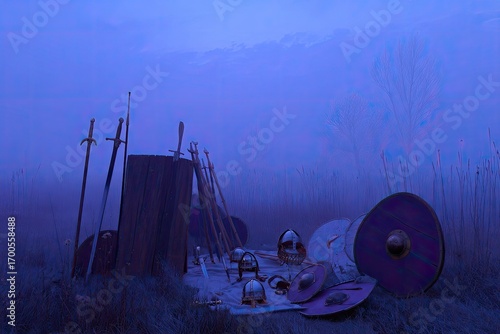 Ancient weaponry in a misty field at twilight