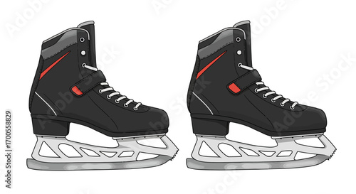 Stylish black ice skates with red accents and silver blades on white background