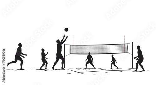 Silhouette of beach volleyball players in action