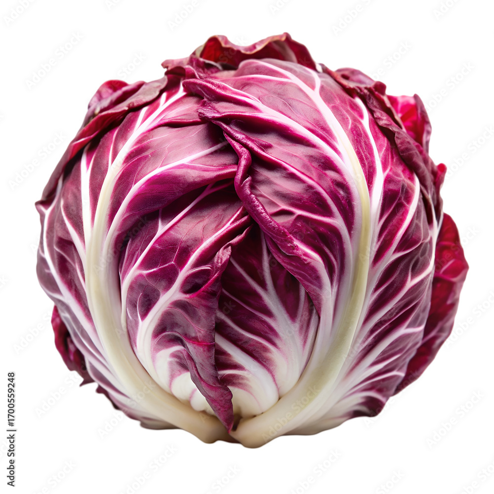 Obraz premium Radicchio vegetable with deep purple leaves and white veins isolated on black red chicory italian chicory