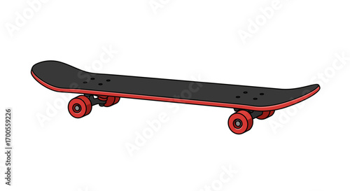 Simple isometric skateboard design with red wheels on white background