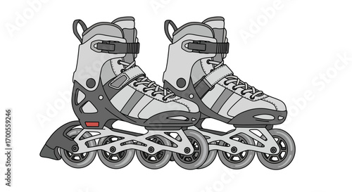 Stylish grey roller blades in detailed cartoon style with five-wheel setup