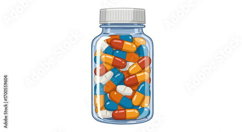Colorful capsule medicines in a transparent bottle on white background