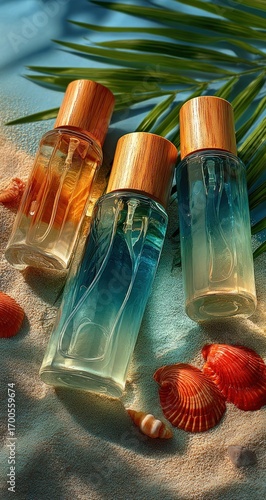Three glass bottles with wooden caps rest on sand with seashells & palm frond, sunlight