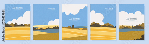 Set of vertical autumn poster templates featuring minimalist rural landscapes with golden fields and hills. Designed in a calm, flat style with a light paper grain texture, perfect for social media