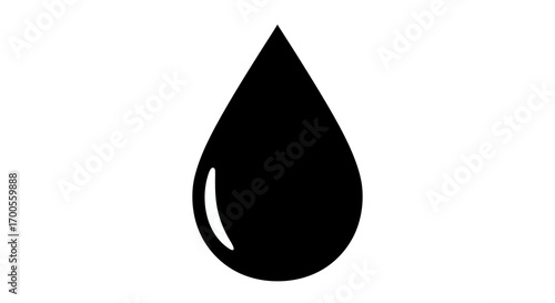 Minimalist black water droplet symbol on white background