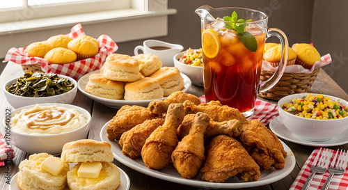 Hearty family feast featuring crispy golden fried chicken and classic homemade side dishes on a rustic wooden table