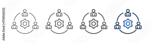 
Collaborative outline icon set with four people design and gear in the middle