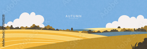 Minimalistic autumn web banner featuring panoramic rural landscape with golden fields and rolling hills. Designed in a calm, flat style with a light paper grain texture, perfect for a website header