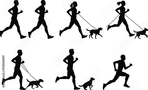 Running with dog silhouette set featuring leashed and unleashed poses, dynamic motion, and active companionship for design and merch