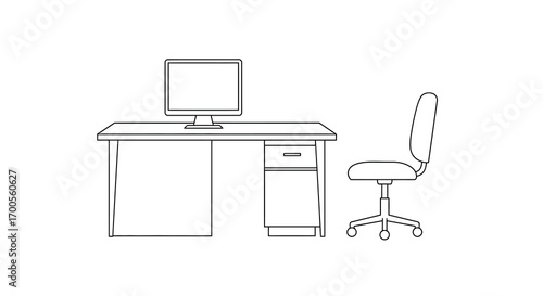 Minimalist office workspace with desk and computer outline