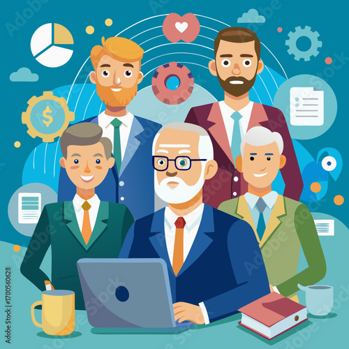 Dynamic team of business professionals collaborating on strategies and using technology to achieve success, fostering innovation and teamwork for growth and development