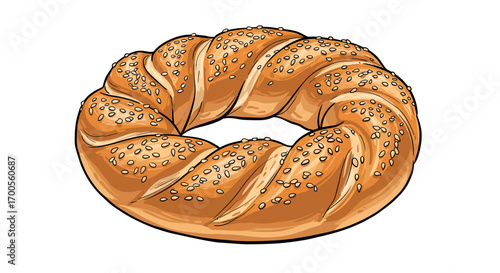Realistic twisted bread with sesame seeds on white background