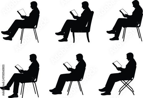 Seated reader silhouette set featuring book and tablet poses, chair variations, and relaxed gestures for design, education, and merch