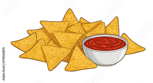 Crunchy tortilla chips with spicy salsa in a white bowl on a white background