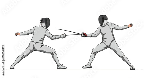 Fencing duel with swords: dynamic sports scene of fencers battling in protective gear