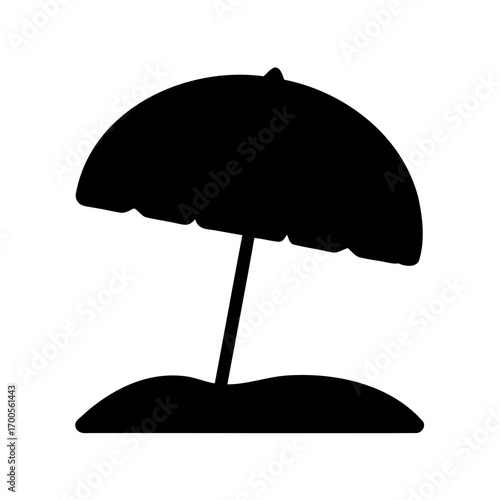 Silhouette of a beach umbrella on the sand is shown graphically