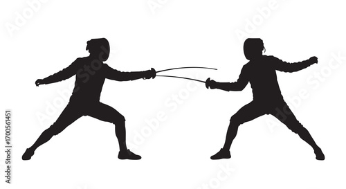 Dynamic silhouette of two fencers engaged in a competitive duel