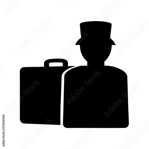 Black silhouette of a bellhop or porter carrying a suitcase, simple icon