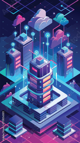 Abstract digital illustration depicting cloud computing and data centers with futuristic city elements in gradient style