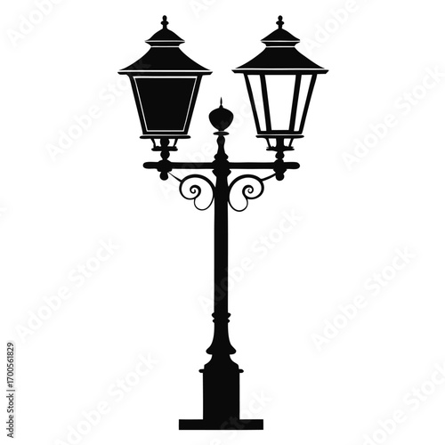 Ornate Black Silhouette of a TwinLanterned Streetlight with Decorative Elements and a Tall Post
