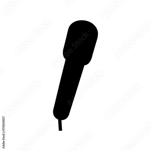 Black silhouette of a handheld microphone against a white background image