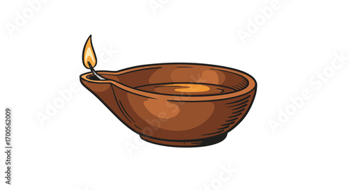 Traditional clay oil lamp with flame on white background