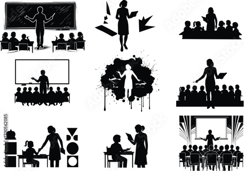 Stylized classroom and teacher illustration set featuring student interactions, creative education scenes, and silhouette designs for learning and merch