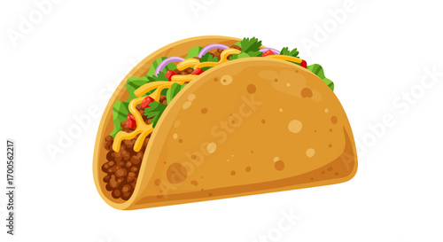 Delicious taco filled with ground meat, cheese, and vegetables on white background