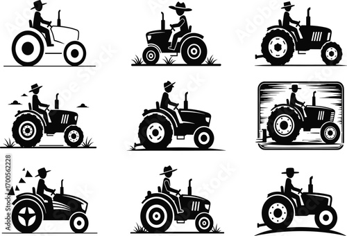 Stylized tractor driver illustration set featuring silhouette, abstract, cartoon, and framed designs for farming, education, and merch projects