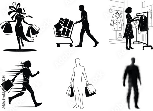 Stylized shopping figure illustration set featuring diverse poses, carts, bags, fashion browsing, and abstract silhouettes for design and merch