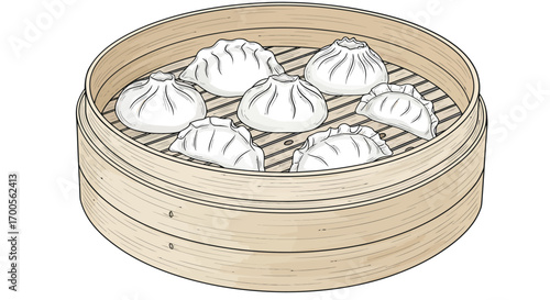 Chinese steamed dumplings in bamboo basket: realistic asian food art
