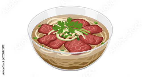 Delicious pho soup in a bowl with noodles and fresh herbs