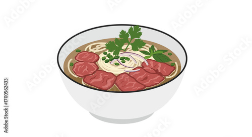 Fresh pho bowl with beef and herbs in minimalist style