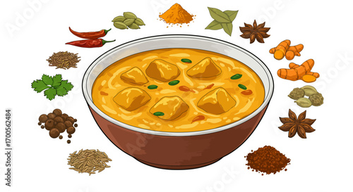 Flavorful bowl of indian curry with spices and herbs in colored illustration