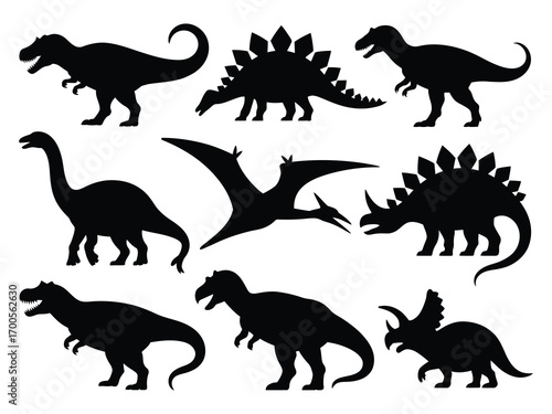 Silhouette vector set of popular dinosaur species in dynamic poses isolated on white background