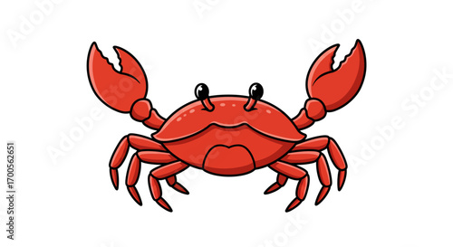 Playful cartoon crab with big claws on white background
