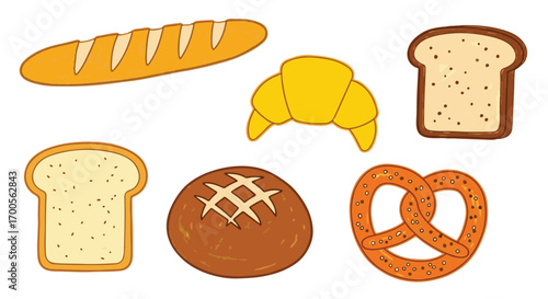 Variety of baked goods including bread, croissants, and pretzels, displayed against a white background for marketing