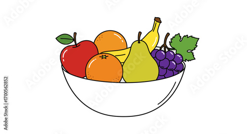Colorful fruit bowl with apple, orange, pear, banana, and grapes on white background