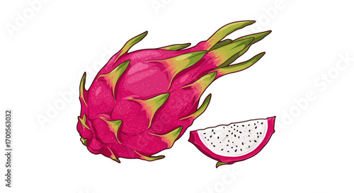 Vibrant dragon fruit and slice on white background in detailed style