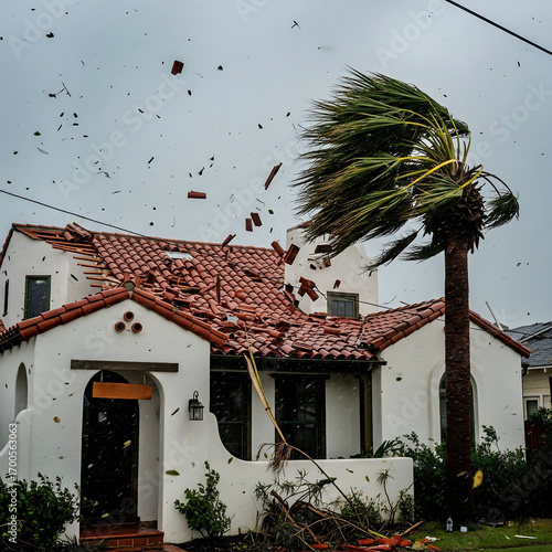 Natural disaster showcases a house’s tiled roof is partially spinning violently through the air, caught in the powerful windstorm while a nearby palm tree dramatically bends against overcast sky